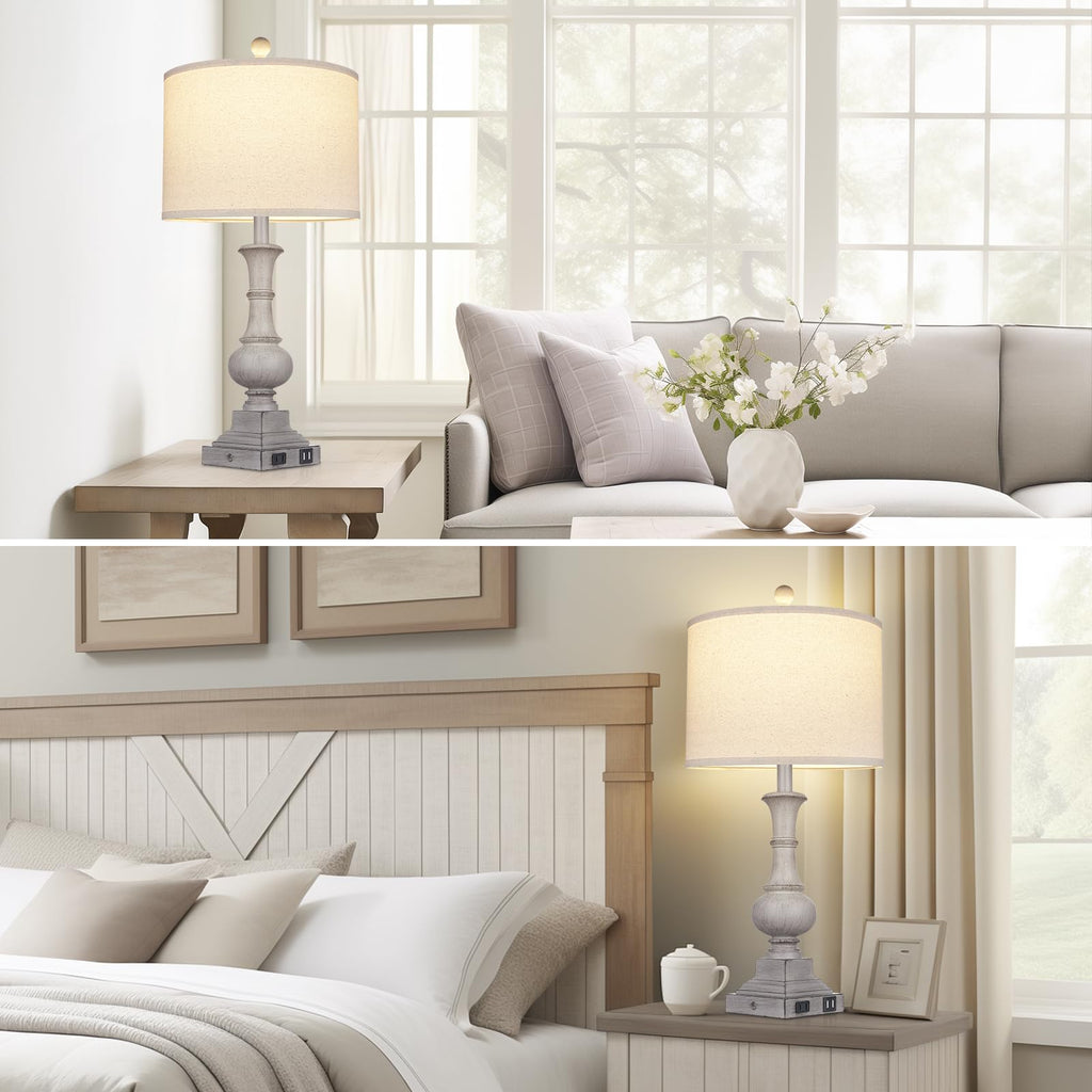 26" Farmhouse Lamp with 2 USB Ports & AC Outlet, Vintage Rustic Touch Control Bedside Lamp, Resin 3-Way Dimmable