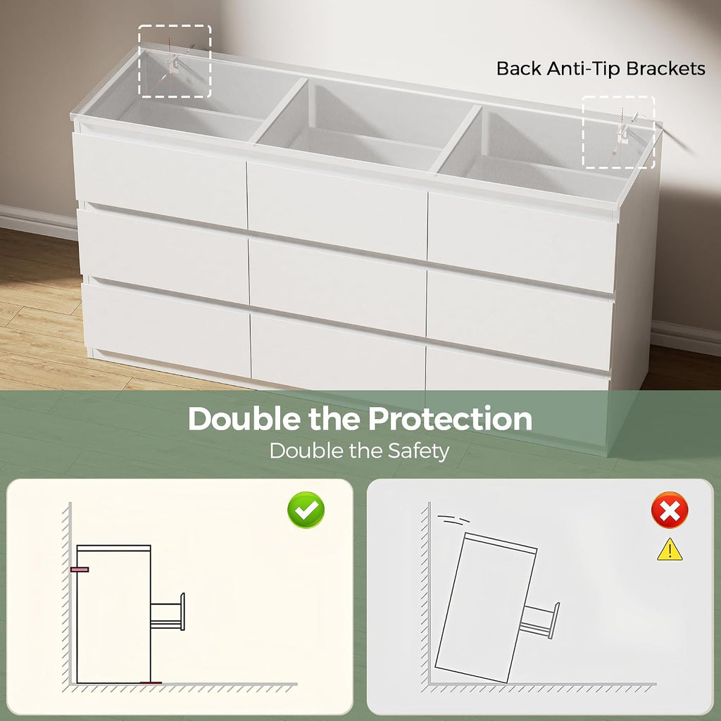 White 9 Drawer Dresser ,Modern Wood Dressers & Chest of Drawers with No-Handle Design, Long Dressers for Closet