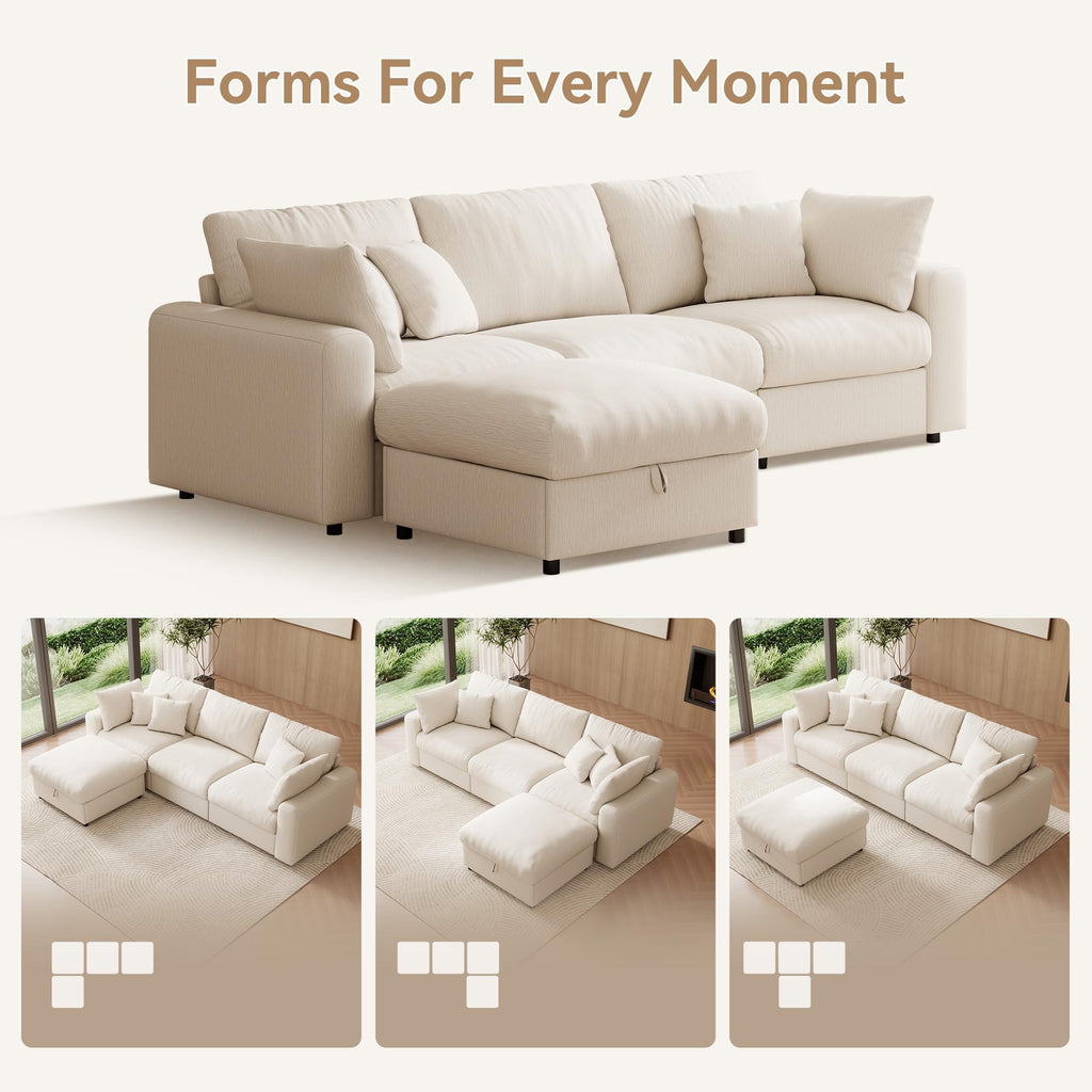 110" Cloud Sectional Couches, Modular Sectional Sofa with Deep Seat, Convertible L-Shape Couch with Storage Ottoman