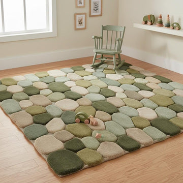 Hand Tufted Wool Area Rug Green Pebble Design Minimalist Style Soft Warm Non Slip Backing Functional & Decorative