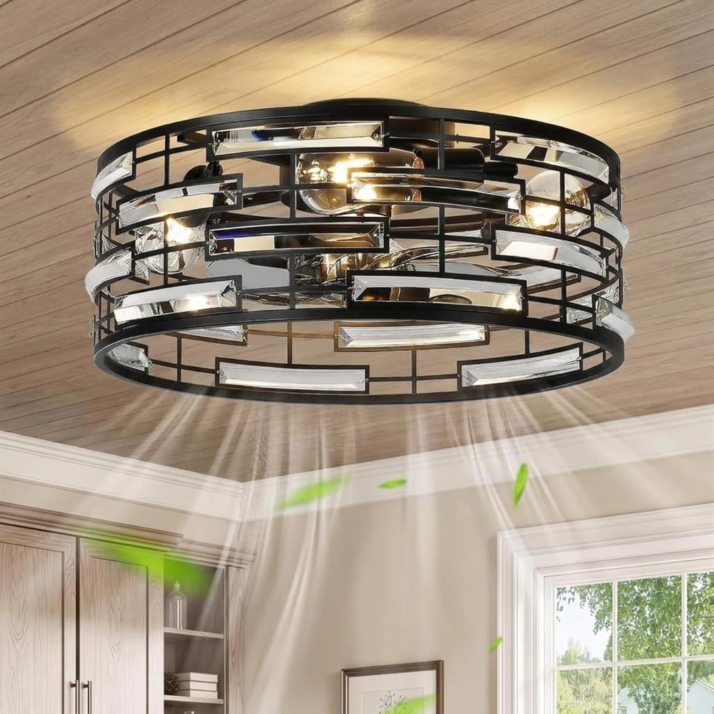 Crystal Caged Ceiling Fan with Light, 18.9'' Flush Mount Low Profile Fandelier, Black Industrial Farmhouse