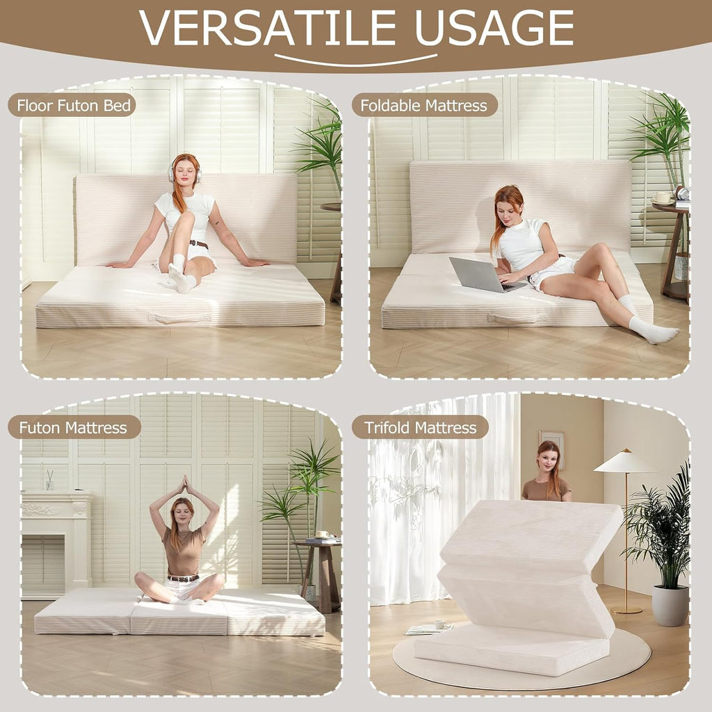 Queen Tri-Fold Mattress, 6 Inch Foldable Foam Mattress with Removable Washable Cover, 80" x 60"