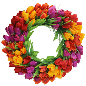 20 Inch Tulip Wreath for Front Door, Spring Summer Silk Wreath