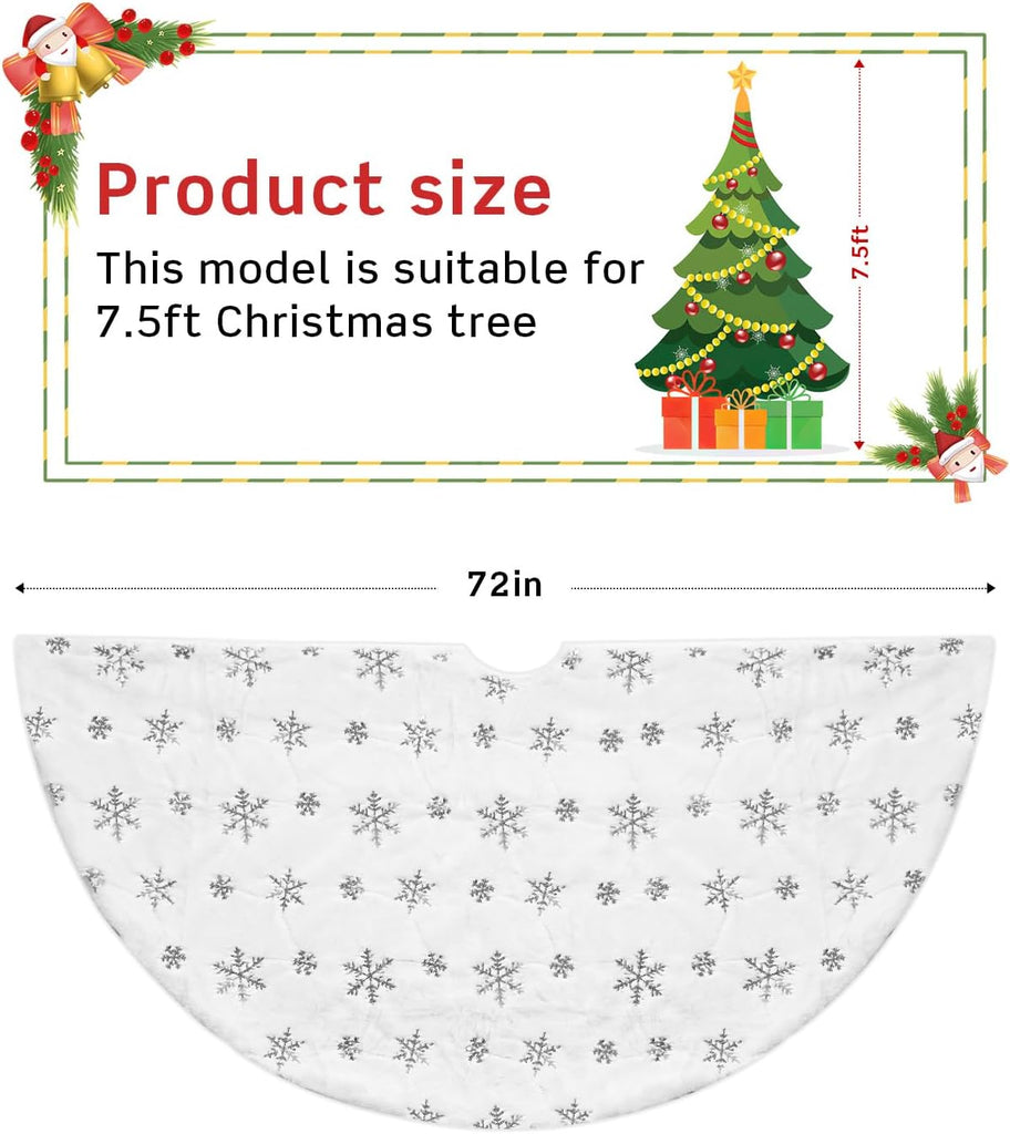 72 Inches Faux Fur Christmas Tree Skirt, Silver Sequin Snowflake