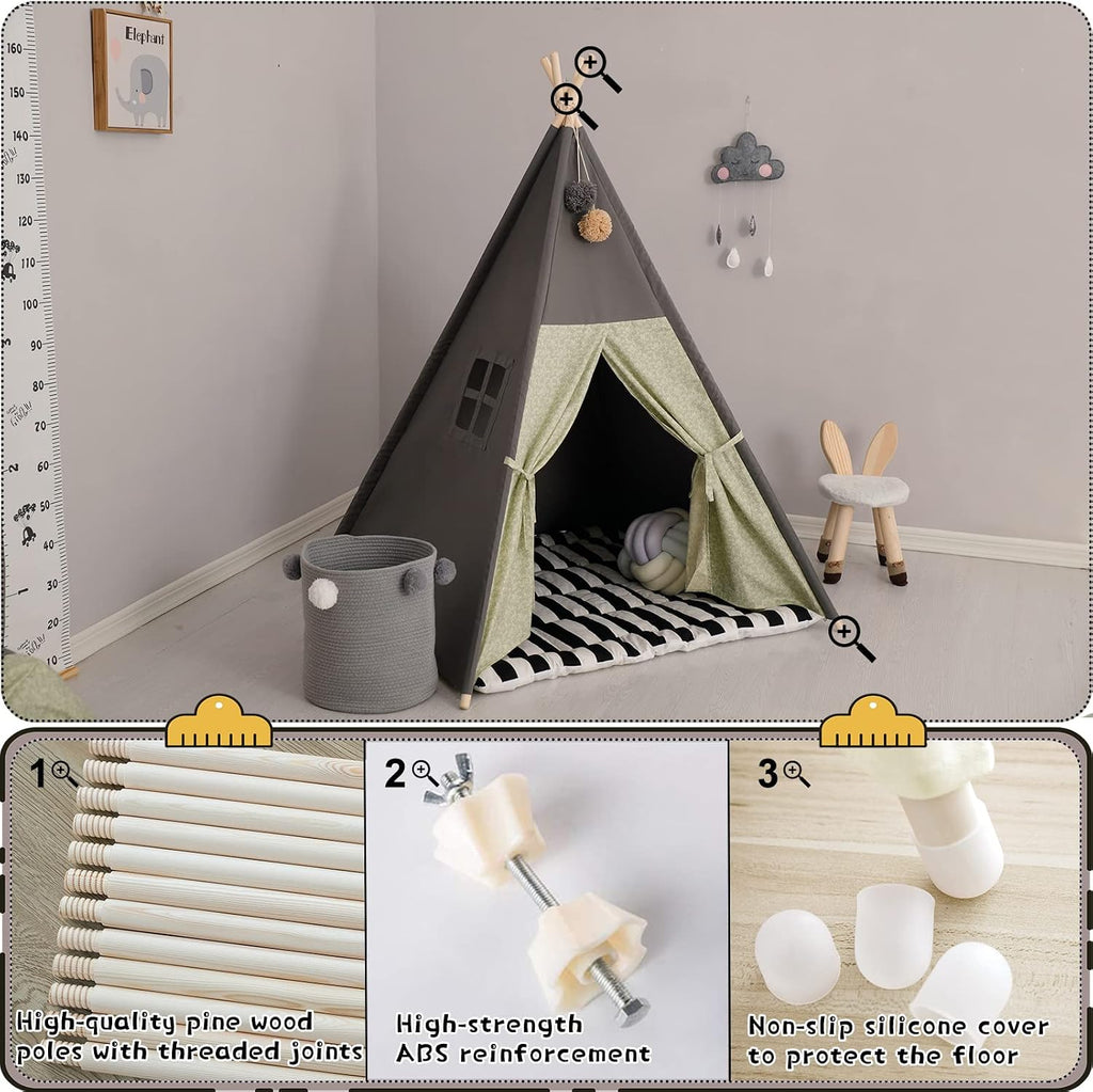 Teepee Tent for Kids Stripe Padded Mat Foldable Dark Tone Grey Play Tents for Girl and Boy with Carry Case Wooden
