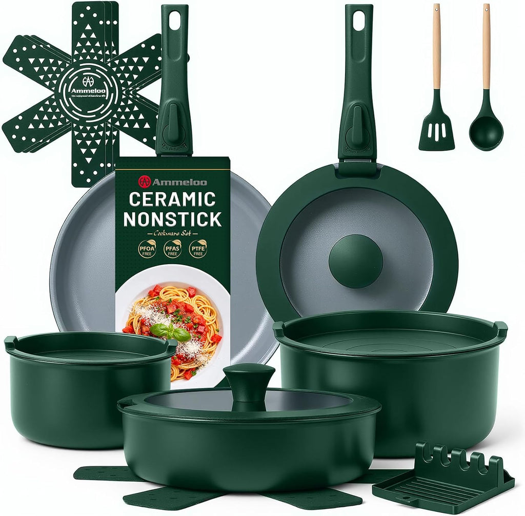 18-Piece Ceramic Pots and Pans Set Non Stick, Non Toxic Cookware Set with Removable Handles, Pot Sets for Cooking