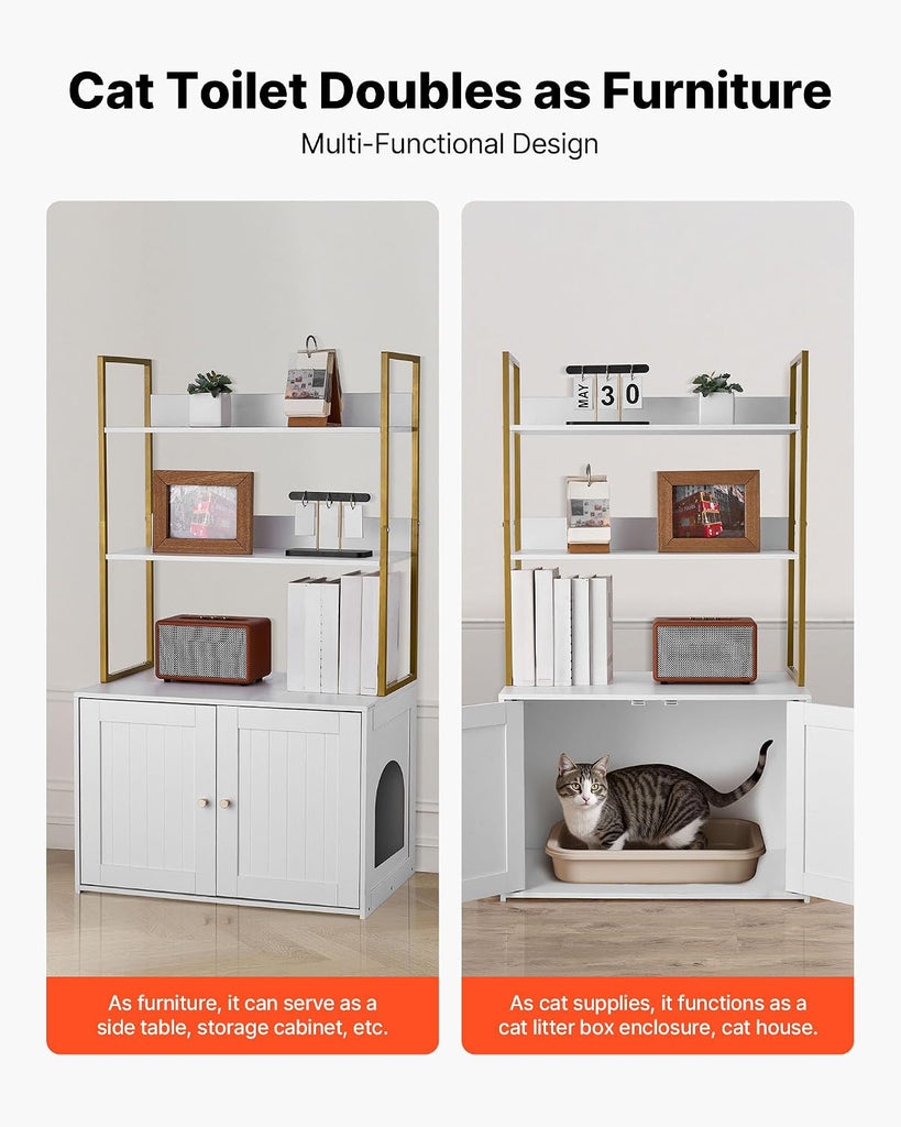 Cat Litter Box Enclosure Furniture, 27.6 in Hidden Litter Box Cabinet with Metal Legs & 2-Tier Storage Shelves
