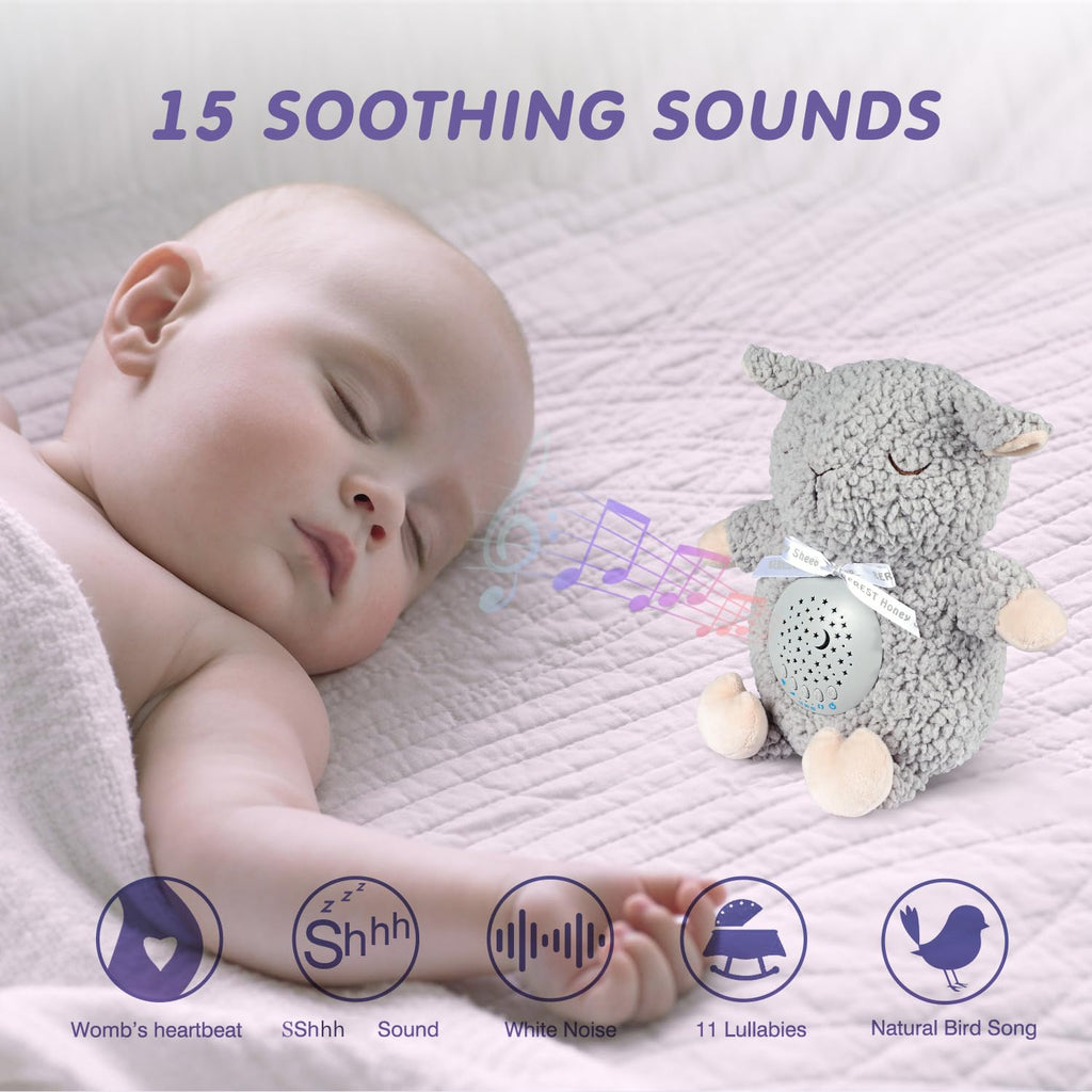 Baby Sleep Soother with Projector Night Light & Auto-Off Timer, Musical Sheep Plush Toy with White Noise, Heartbeat