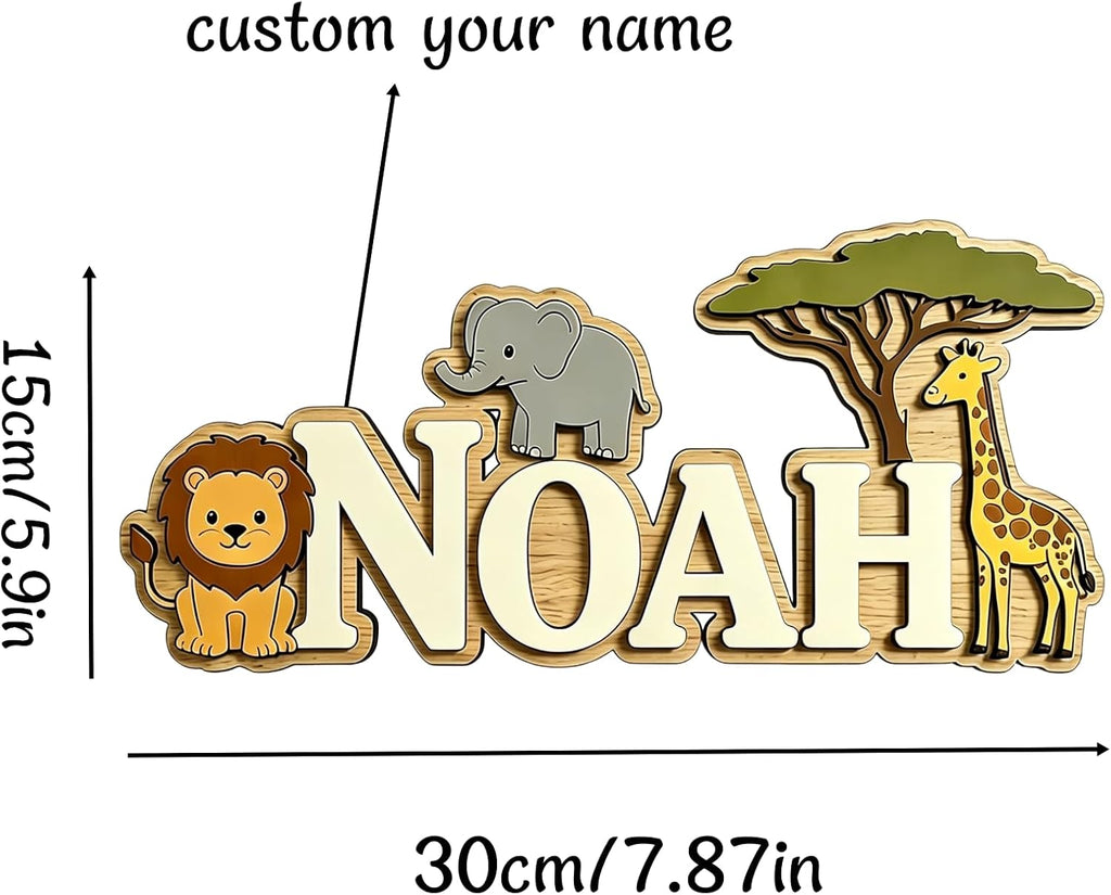 Personalized Safari Wooden Name Sign for Kids Room, Custom Jungle Animal Name Wall Decor, Nursery Name Sign, Baby