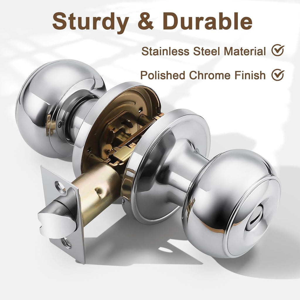 Polished Chrome Door Knobs - Interior Bedroom Door Handles with Privacy Lock, 5 Pack
