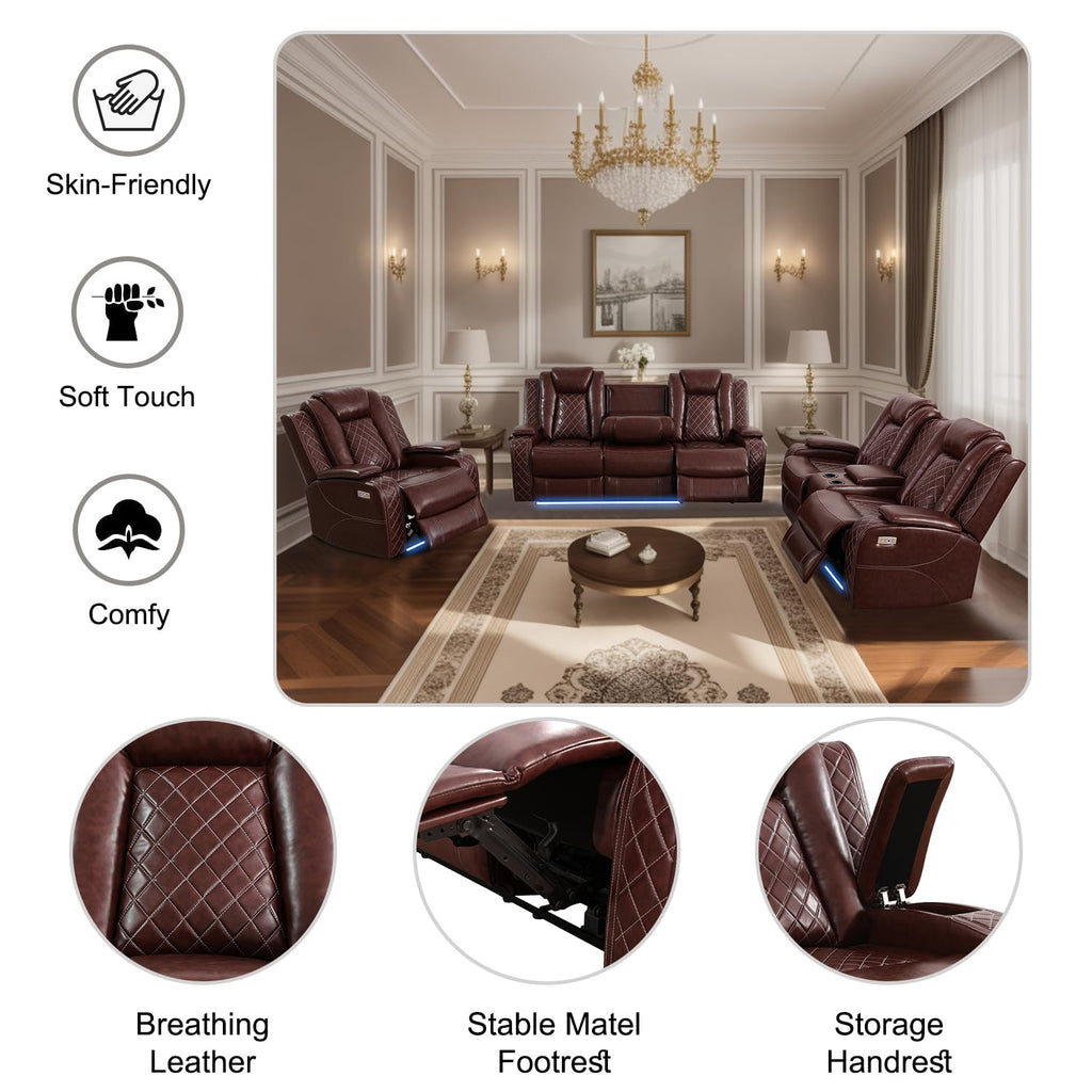Power Recliner Loveseat, Air Leather Reclining Couch with LED/Cup Holders/Storage, 2-Seater Reclining Sofa, Burgundy