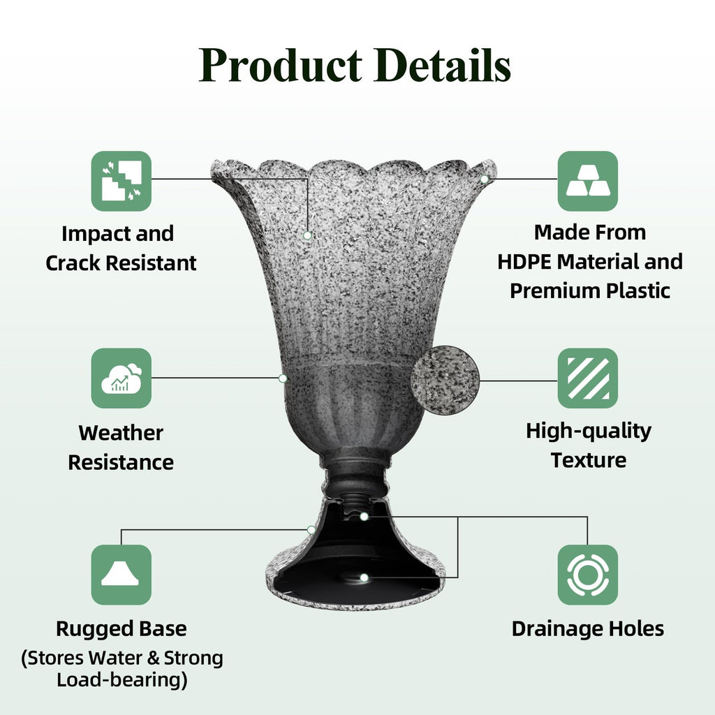 Tall Plastic Urn Planters and Pedestal - 24" Outdoor Planter Grey