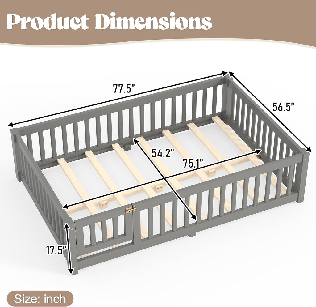 Full Size Montessori Floor Bed Frame with Slats and Fence for Kids, Gray