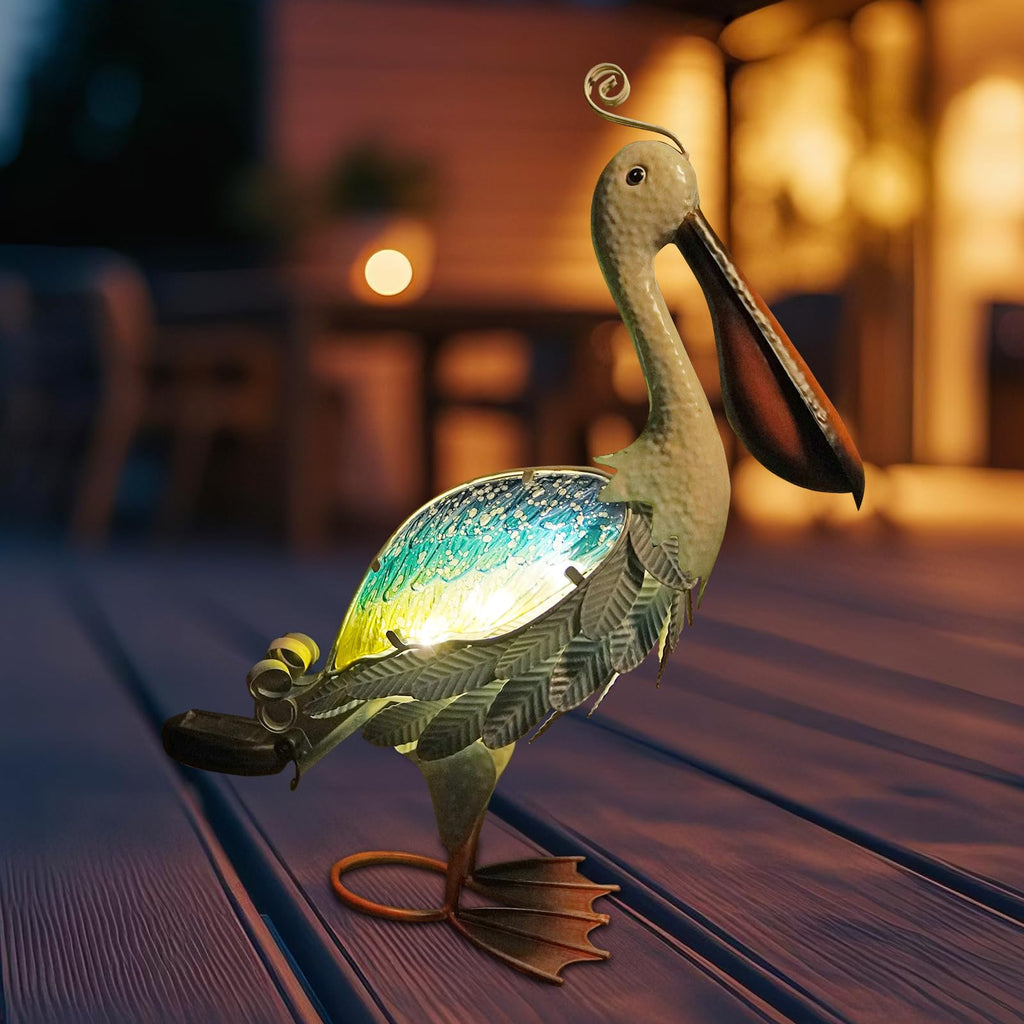 Solar Metal Pelican Statues Garden Sculpture & Statues, 19 Inch Glass Outdoor Pelican Yard Art Coastal Ocean Bird
