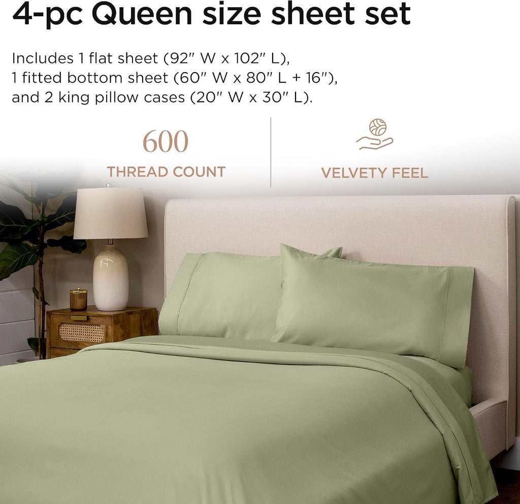 100% Cotton Sheets for Queen Bed - 600 Thread Count Queen Bed Sheets Set with 16" Deep Pocket - Sateen Weave 4-Piece