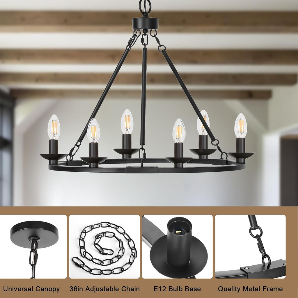 Inspired Camino Style Chandelier - Black Farmhouse Chandelier, 6-Light Wagon Wheel Chandelier with Adjustable Height, Dining Room Light Fixture, Hanging Lights for Kitchen Island, Living Room, Bedroom, Entryway, E12 Base A105-B0CHVBQMZT