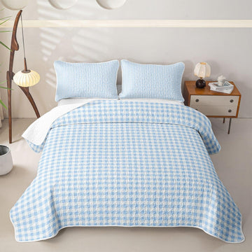 Blue Plaids Quilt, Vintage Checkered Quilt Set for All Season, Cute Geometric Coverlet with 2