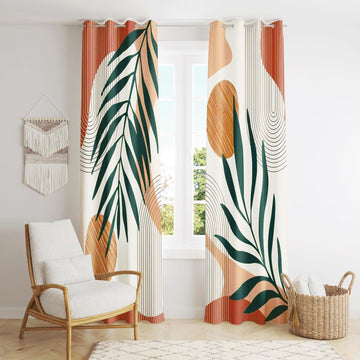 Mid Century Modern Boho Blackout Curtains, Leaf Print Drapes, 2 Panels