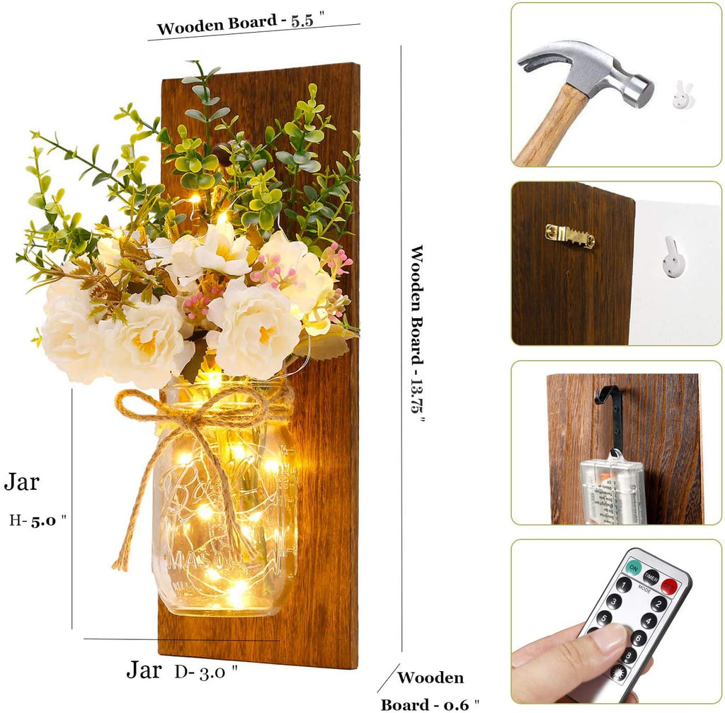 Sconces Mason Jar Sconces Handmade Wall Art Hanging Design with Remote Control LED Fairy Lights and White Peony, Wall