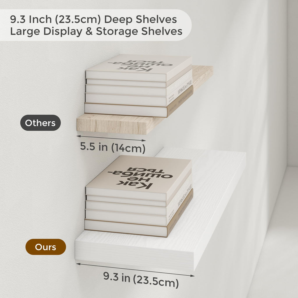 24 in Floating Shelves for Wall, 9.3in Deep White Shelves Set of 2