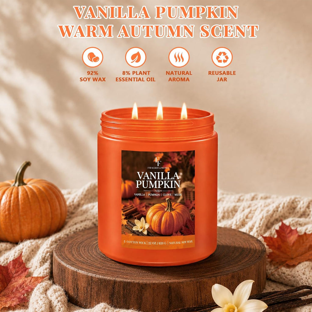 Large Fall Candle Vanilla Pumpkin Scented, 3-Wick 22oz Long Lasting - Set of 22