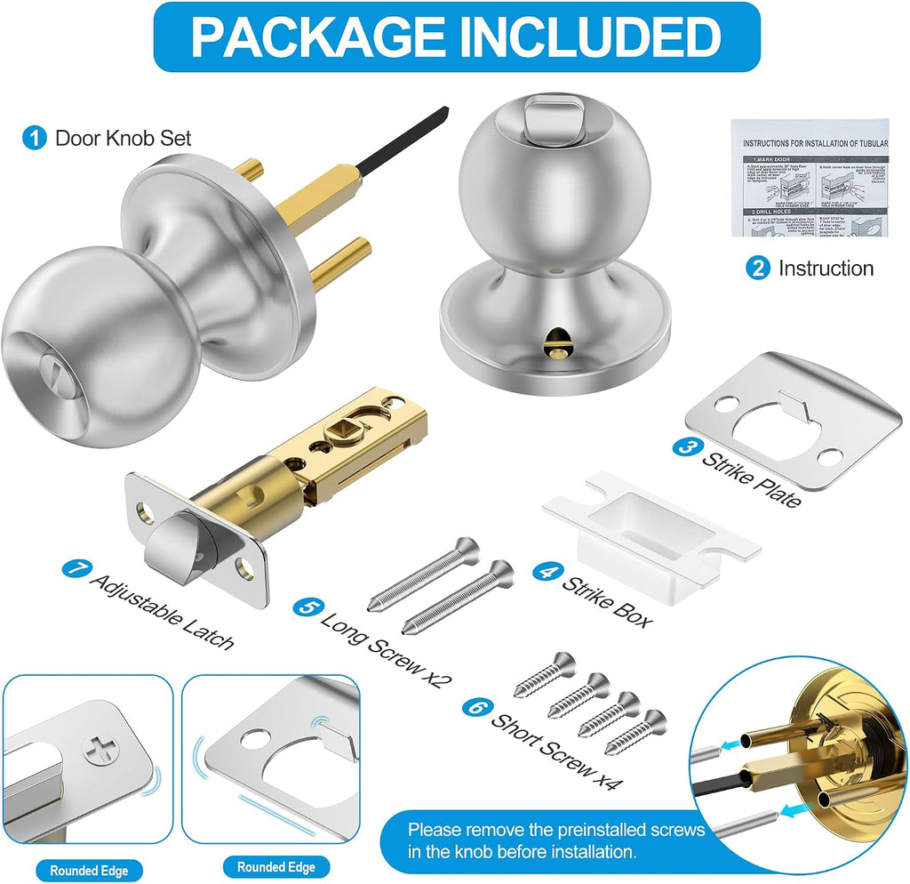 6 Pack Privacy Door Knobs Interior, Satin Nickel Doorknob with Lock -ANSI Grade-3 Certified, Keyless Door Locks