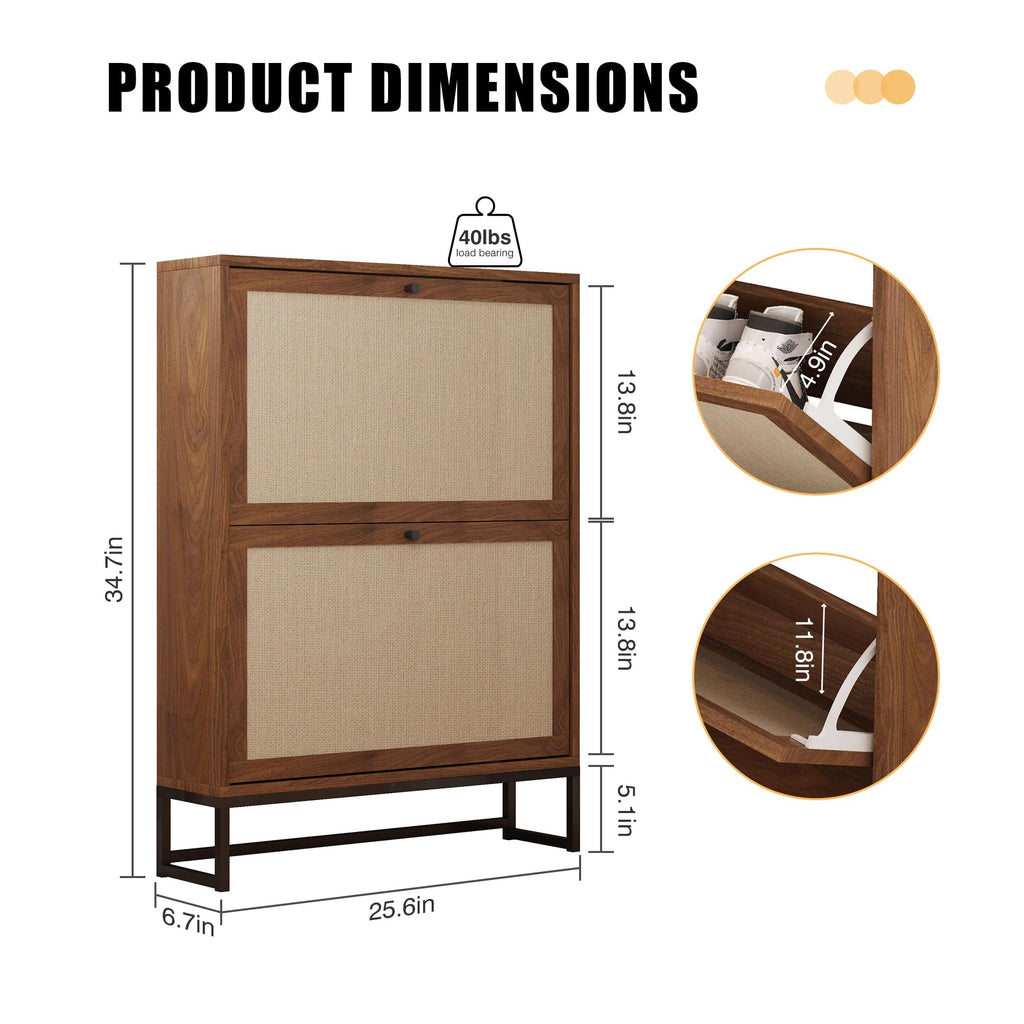 Narrow Sim Shoe Cabinet with 2 Flip Drawer, Sim Wooden Shoe Rack, Walnut