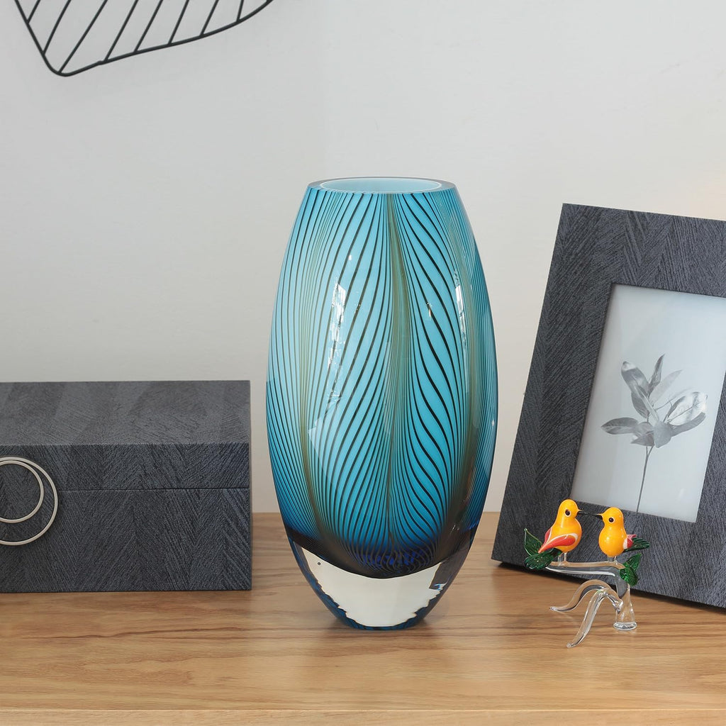 Murano Style Glass Vase Hand Blown Blue Feather Pattern Effect Home Decor