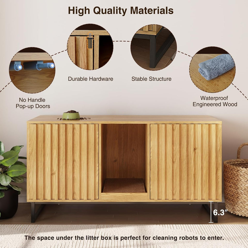 Cat Litter Box Enclosure for 2 Cats, 47.6'' Litter Box Furniture Hidden with Scratch Pad, Double Room Large Cat