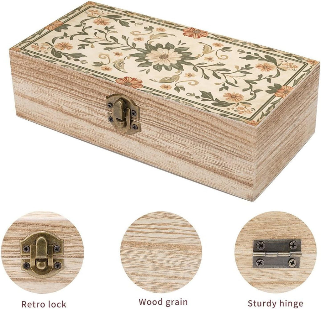 Boho Floral Wooden Storage Box (7.9" X 3.9" X 2.3"),Vintage Wooden Jewelry Box with Hinged Lid Natural Wood Keepsake