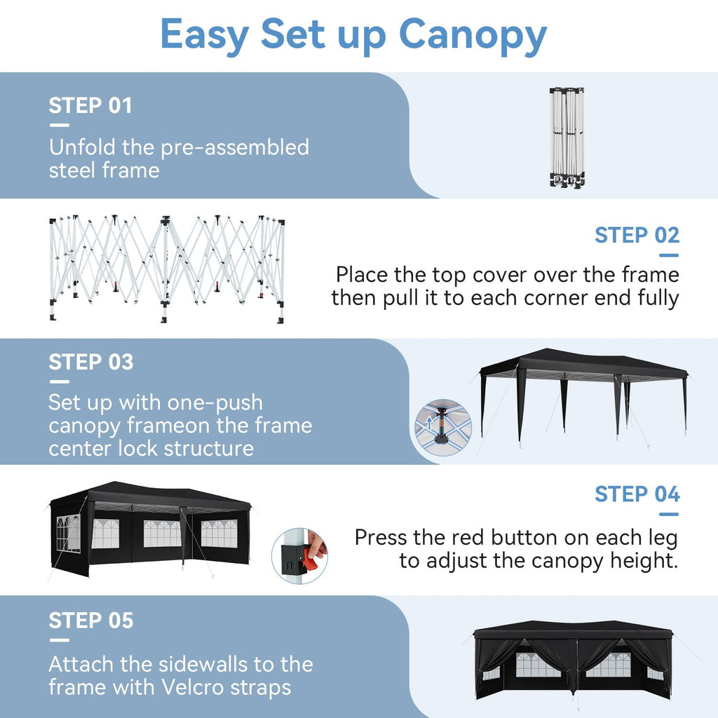 10x20 Pop Up Canopy Tent with Sidewalls, One-Push Instant Setup Waterproof Outdoor Canopy, 3 Adjustable Height