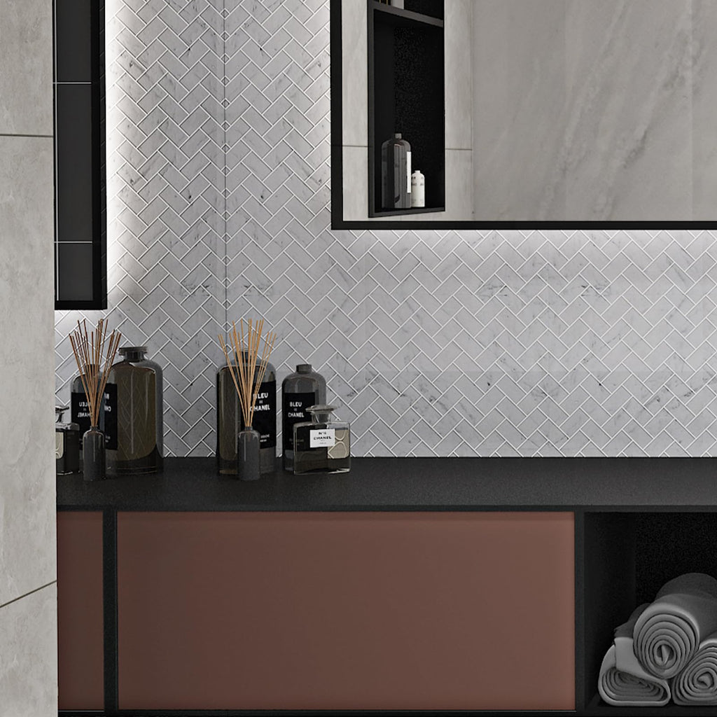 Carrara White Marble Stone 1x2 Inch Herringbone Italian Bianco Carrera Marble Mosaic Tile Wall Bathroom Shower Floor