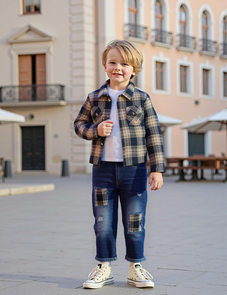 Toddler Boy Clothes Plaid Shirt Jacket White T-shirt and Jeans Pants 3PCS Boys Fall Winter Outfits