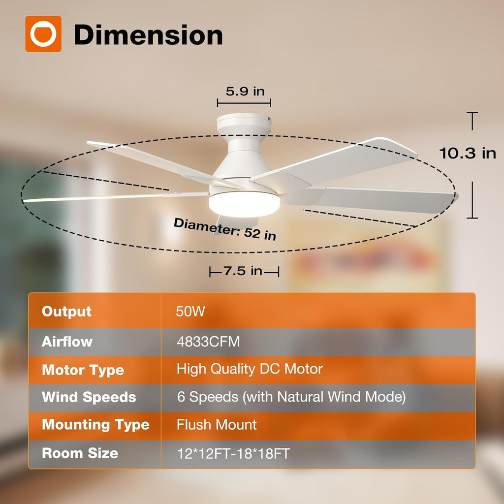 Ceiling Fans with Lights, 52 inch Low Profile Ceiling Fan with Light and Remote Control, Flush Mount, Reversible, 3CCT, Dimmable, Noiseless, White Ceiling Fan for Bedroom, Indoor/Outdoor Use A103-B0CLNNMX79