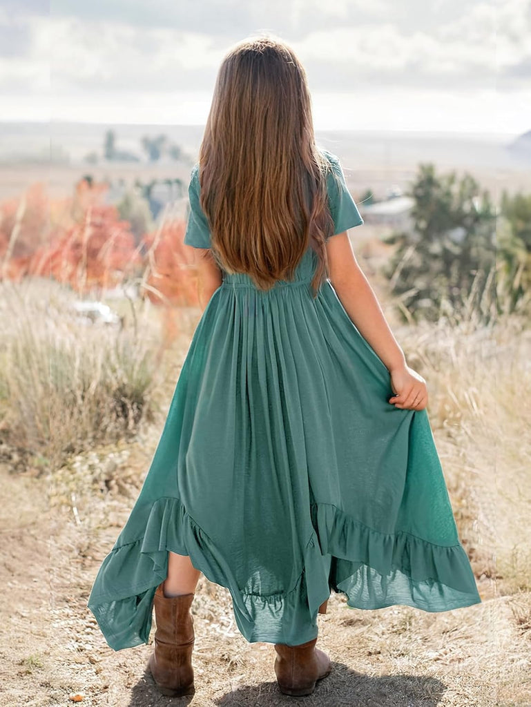 Tween Girls Maxi Dress Short Sleeve Casual Flowy Boho Style Summer Long Dress for Girls Big Kids