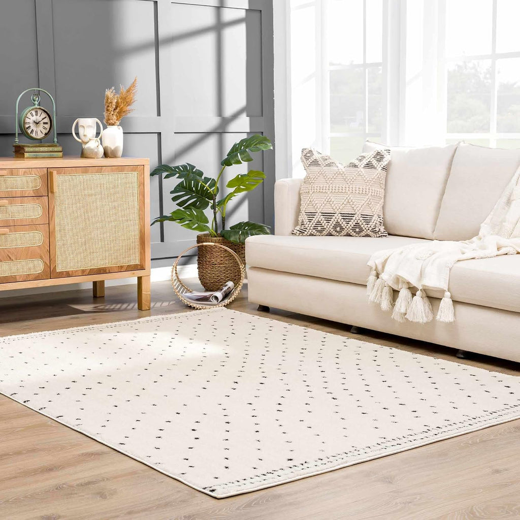 Julie Hallway, Kitchen Runner Rug - Polka Dot Border - Contemporary Minimalist Modern Scandinavian Farmhouse - High