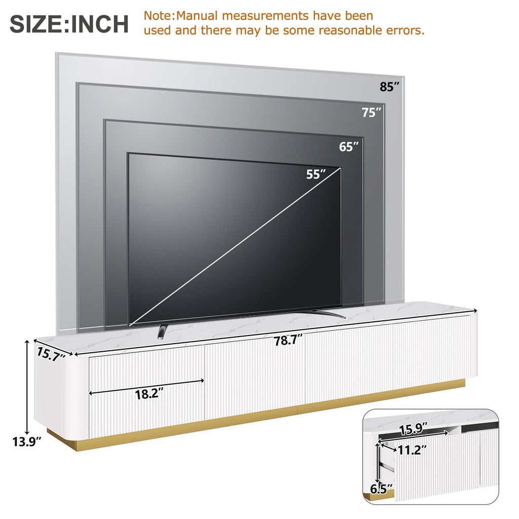 Fluted TV Stand with Gold Base and 4 Drawers, White