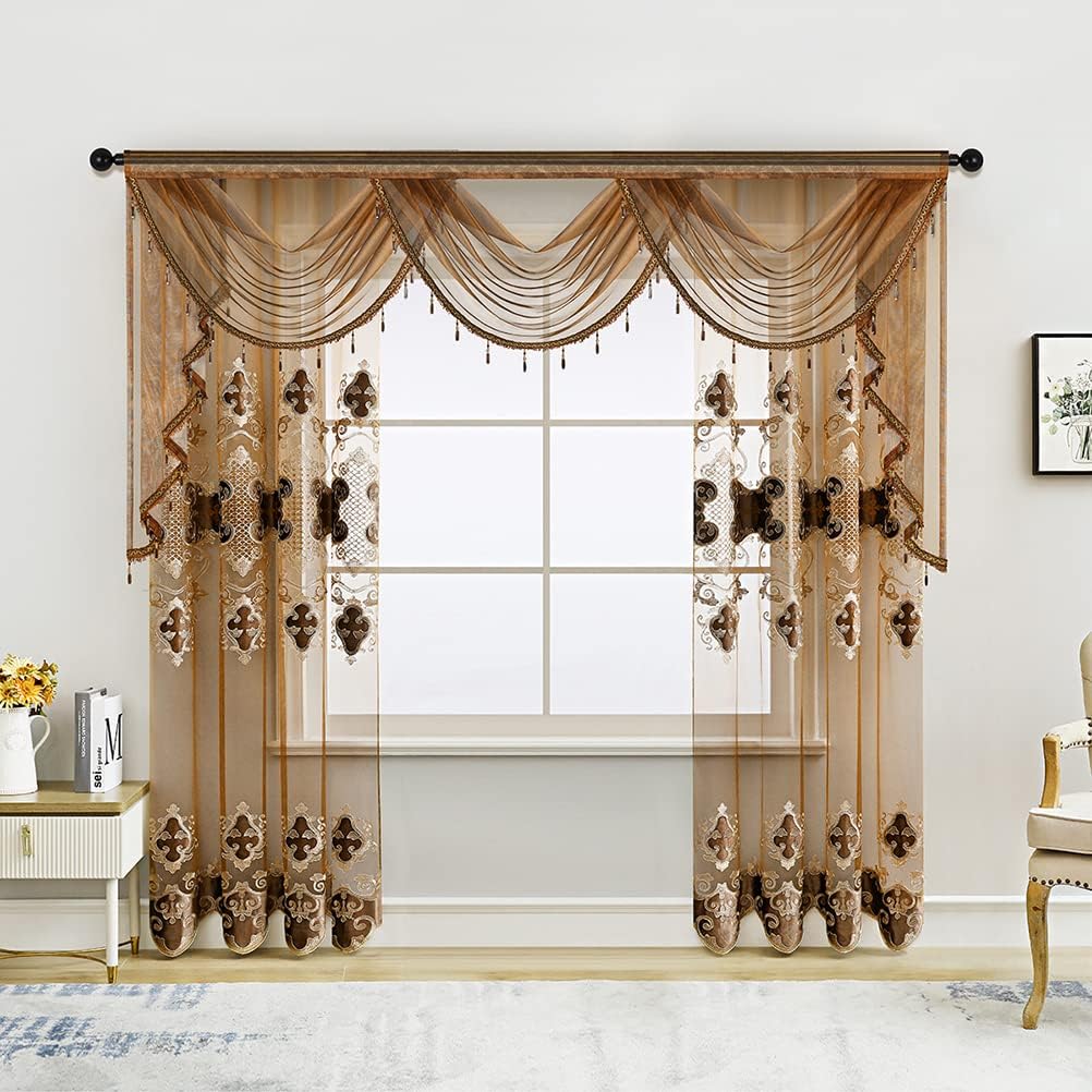 Luxury Embroidered Sheer Curtains for Living Room Chocolate Tulle Curtains for Bedroom with Velvet Embroidered
