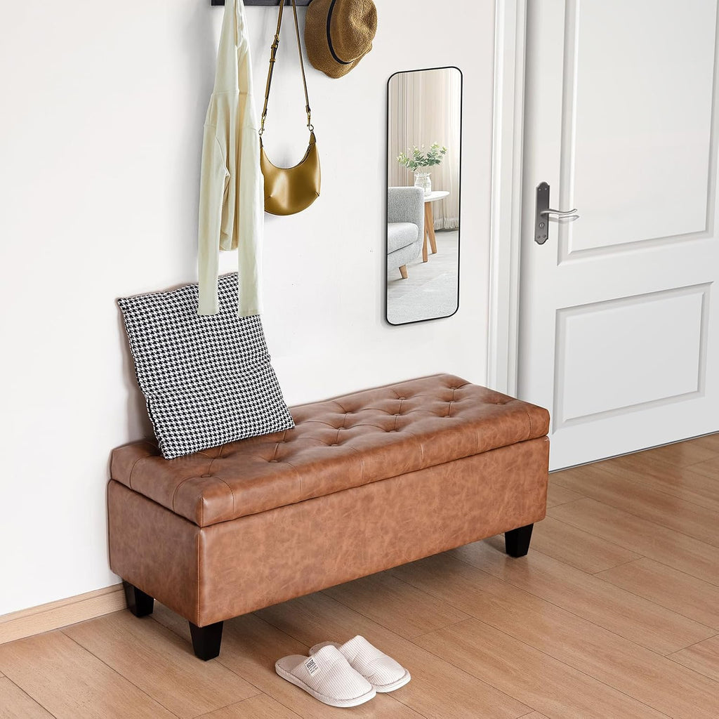 42" Faux Leather Storage Ottoman Bench, End of Bed Storage Bench | Faux Leather, Solid Wood Leg, Safety Hinge, Modern