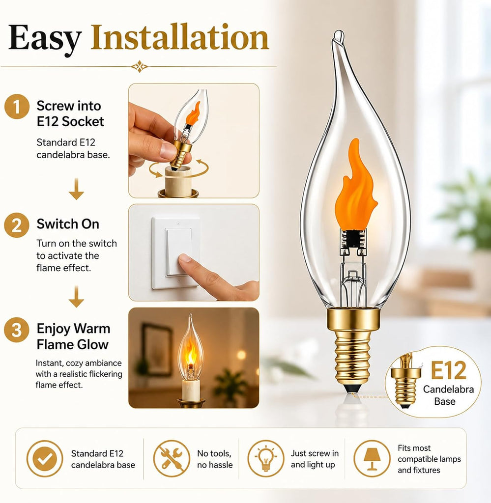 E12 Flickering Flame Bulb,6 Pcs Realistic Flickering LED Flame Light Bulds