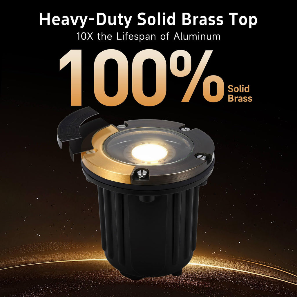 Brass Well Lights, 12V Low Voltage Wired 2700K In-Ground, 6PK