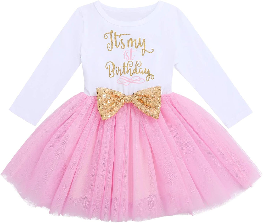 Baby Girls Toddlers My 1st / 2nd / 3rd Birthday Long Sleeve Tutu Dress with Bowknot Headband 2pcs Clothes Set