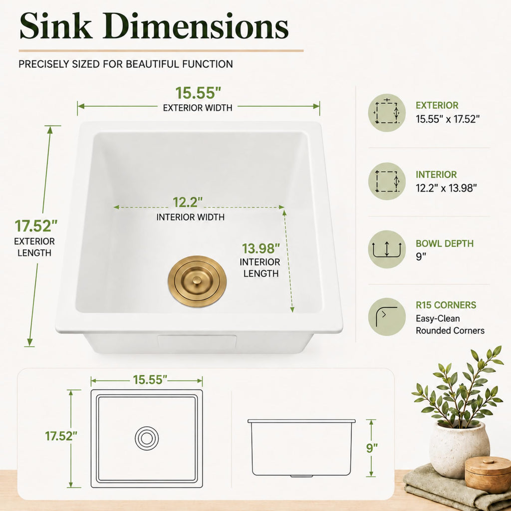 White Undermount Bar Sink 15 X17 inch, Small Composite Bar Sink