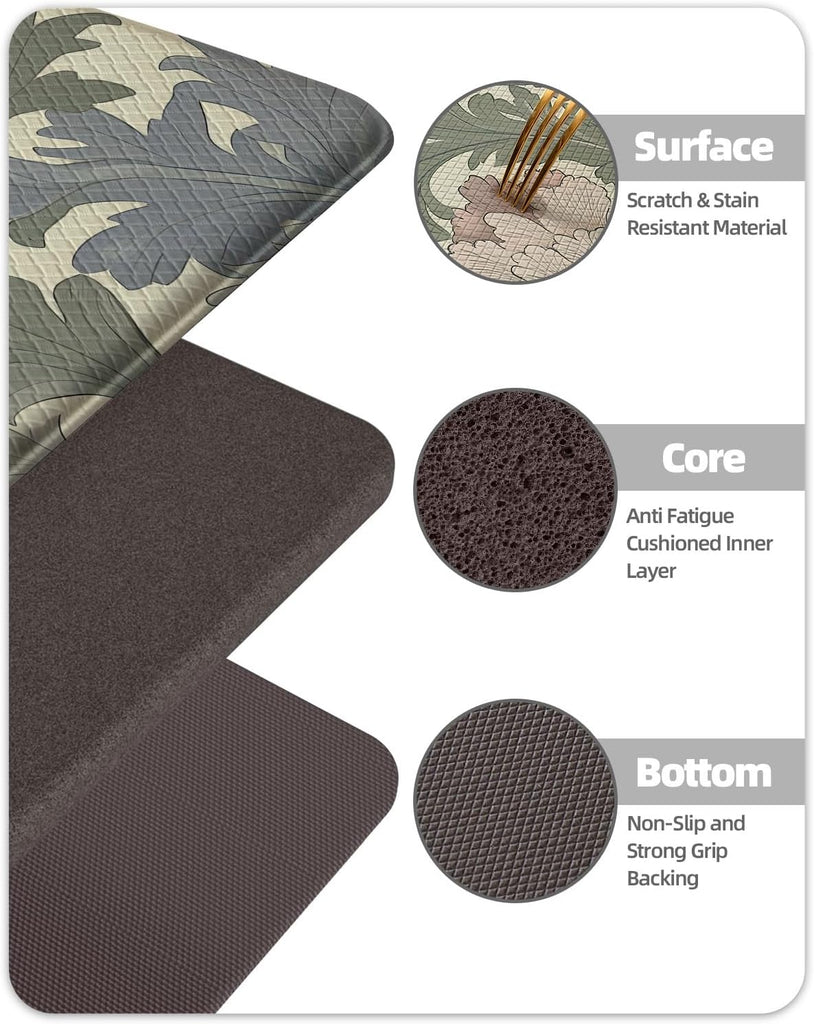 Natural Floral Kitchen Mat 24x59 Anti Fatigue, Multi Color | 0.4in Thick Cushioned Standing Mat For