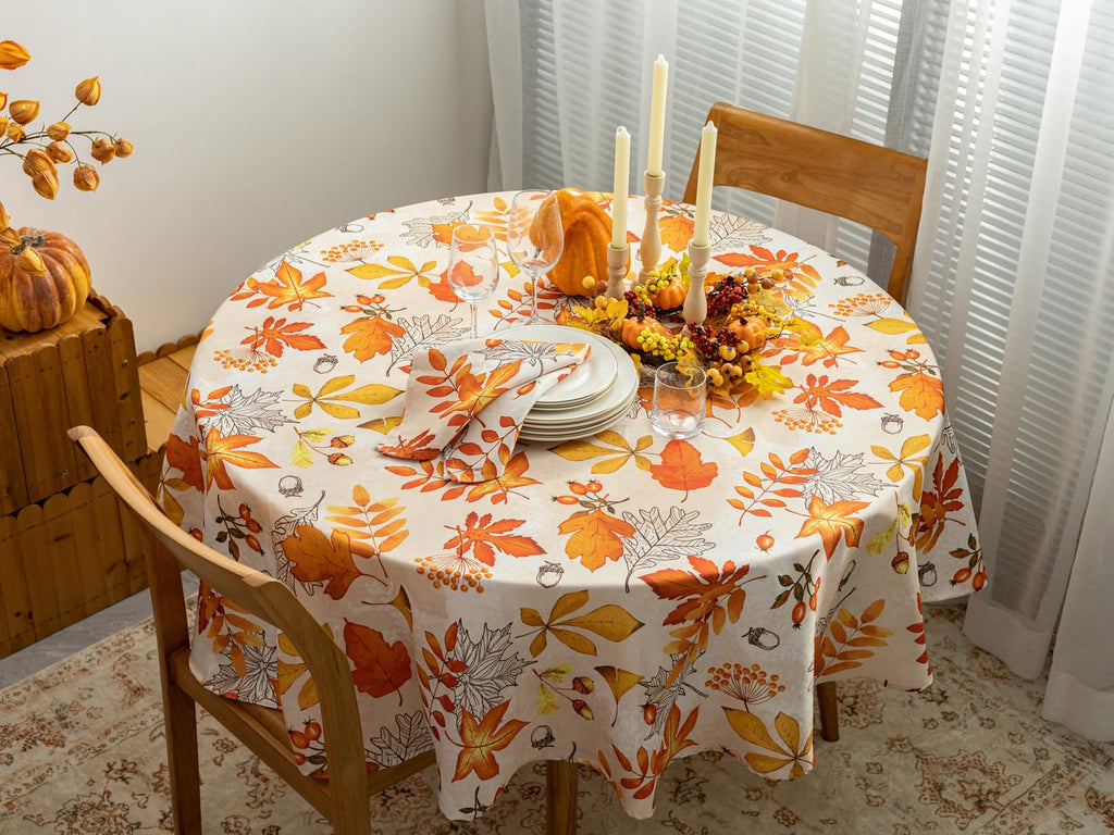 Fall Thanksgiving Tabletop Collection Dining Decoration Parties Harvest, Fall Leaves, Tablecloth, 70" Round
