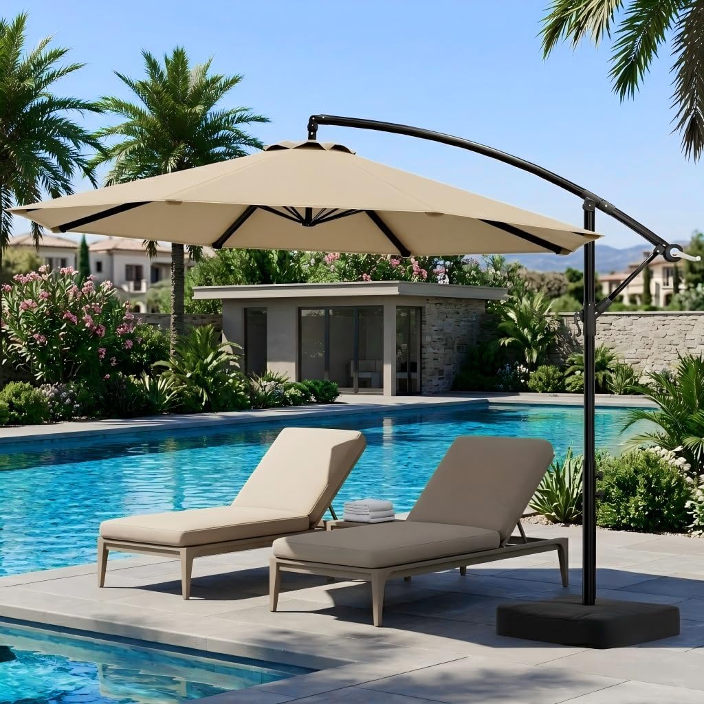 10FT Patio Umbrella with Base Included, Cantilever Offset Outdoor Patio Umbrella with 360° Rotation & Infinite Tilt