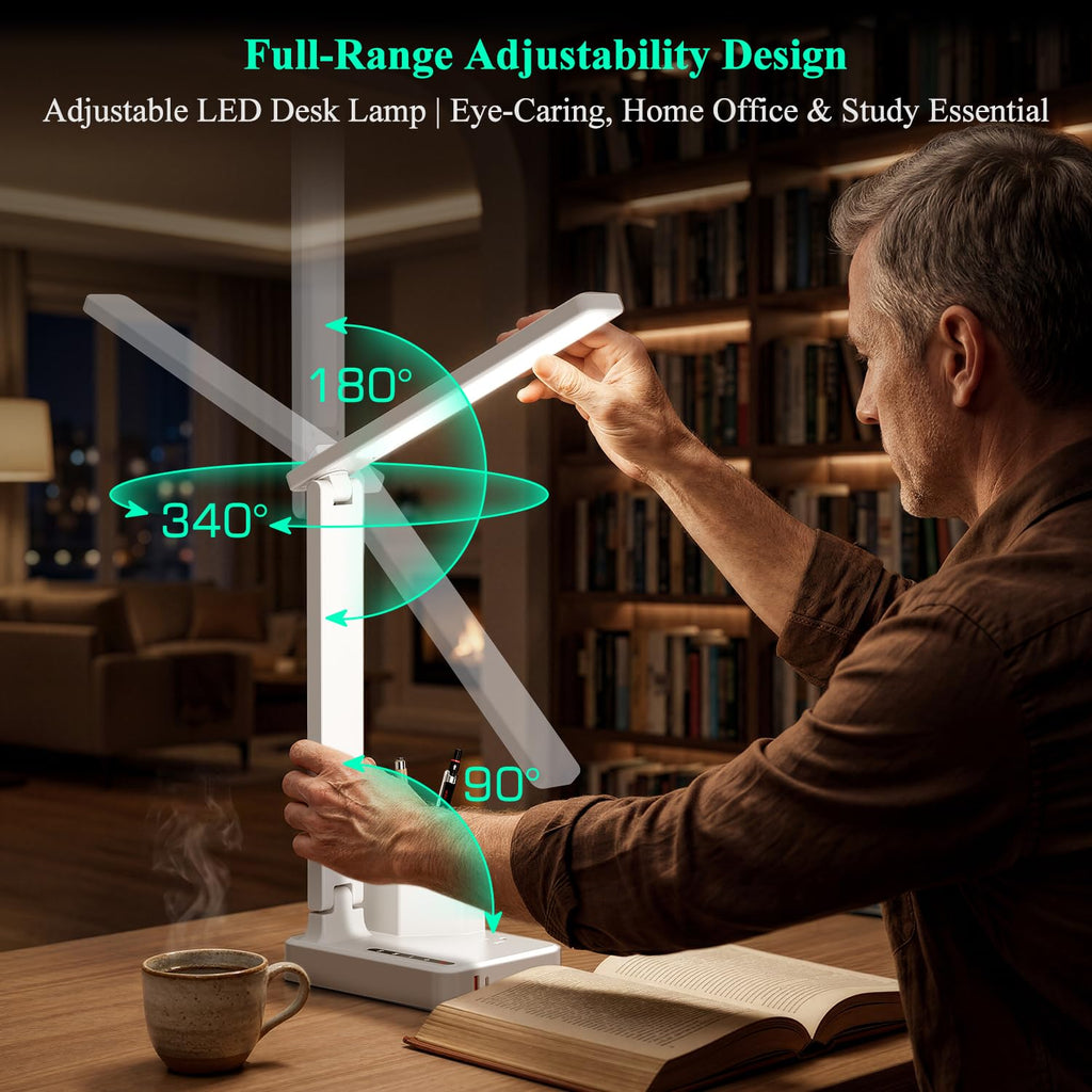 LED Desk Lamp USB A/C AC Pen Holder Dorm Home Office Desk Light White