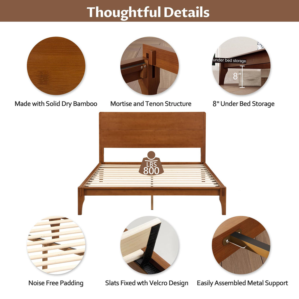 Full Size Bamboo Platform Bed Frame with Tall Headboard, Brown