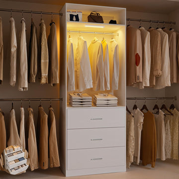 Wooden Closet System With LED Light 11FT Closet Organizer with 3 Wooden Drawers Walk-in Closet Organizer System with