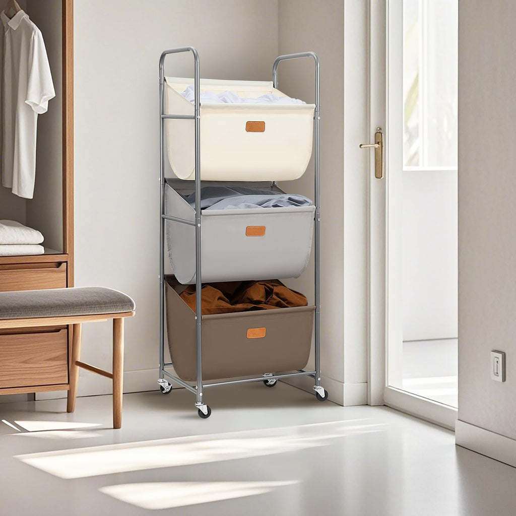 120 Liters Vertical Rolling Laundry Hamper, 3 Section Laundry Sorter with Wheels and 2 Breaks, 3-tier Laundry Baskets